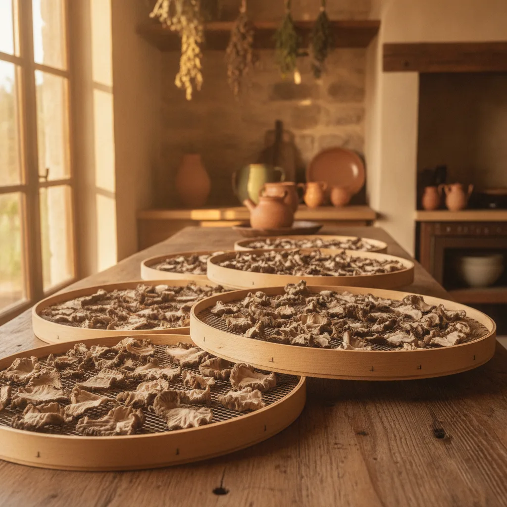 Torn hen of the woods mushroom fronds arranged on wooden dehydrator trays in a rustic kitchen, with warm golden light catching the ruffled grey-brown edges of each piece.
