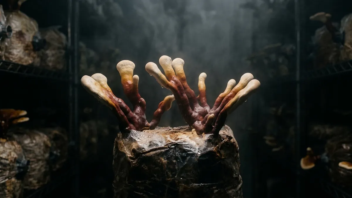 Antler-form reishi growing from a sealed substrate block in a humid chamber