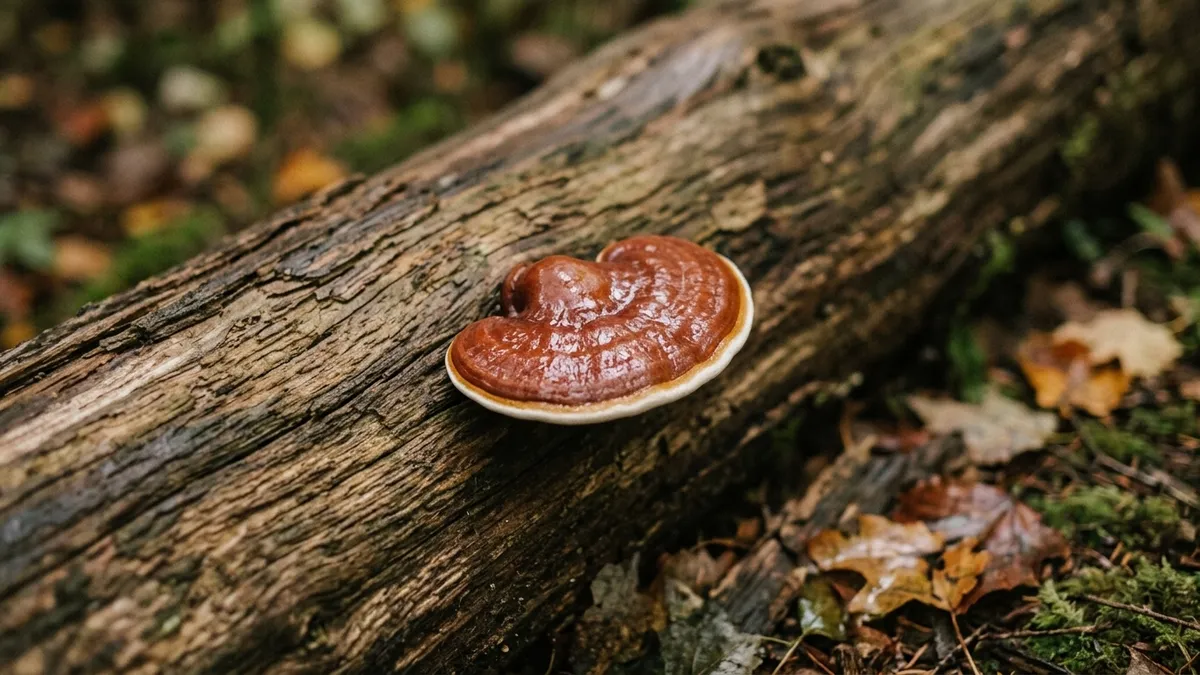 A mature reishi conk with a lacquered red-brown cap and pale margin on weathered wood