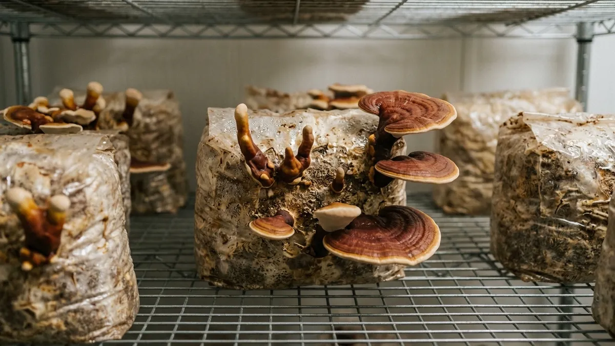 Reishi blocks at different stages on wire shelving in a fruiting room
