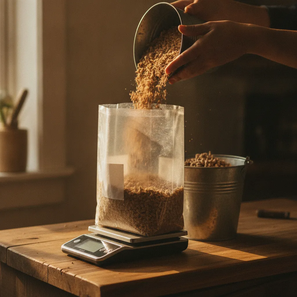 Hydrated hardwood fuel pellets being weighed into a filter-patch mushroom grow bag on a digital kitchen scale, set on a rustic wooden counter in warm golden-hour light