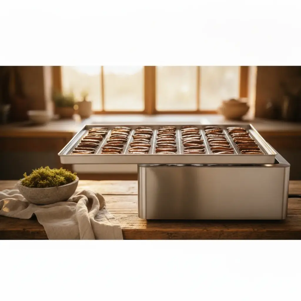 A stainless steel dehydrator tray laid with evenly spaced marinated mushroom strips in warm kitchen light