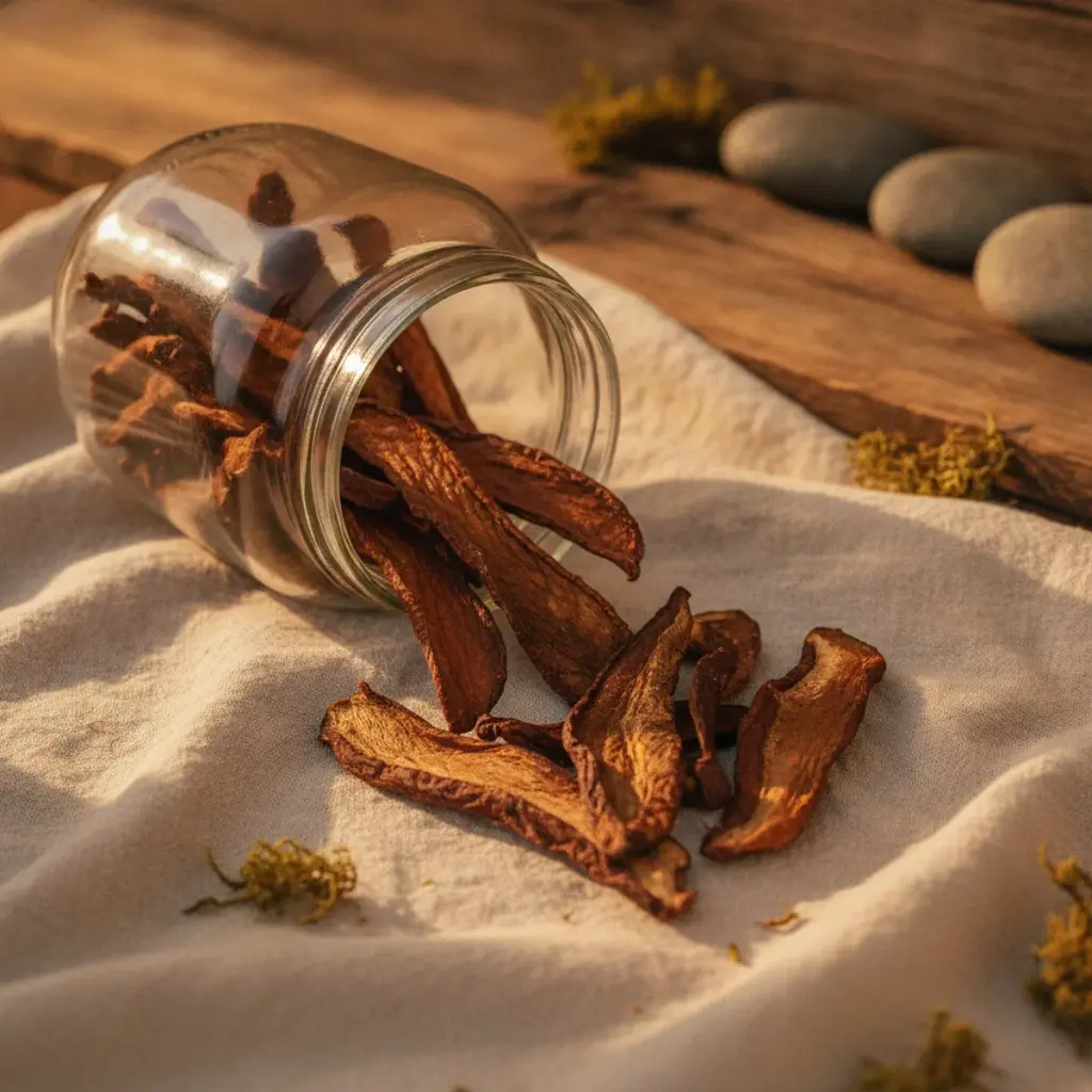 A wide-mouth glass jar tipped on its side on linen with dark leathery mushroom jerky strips spilling out, macro detail on the dried texture