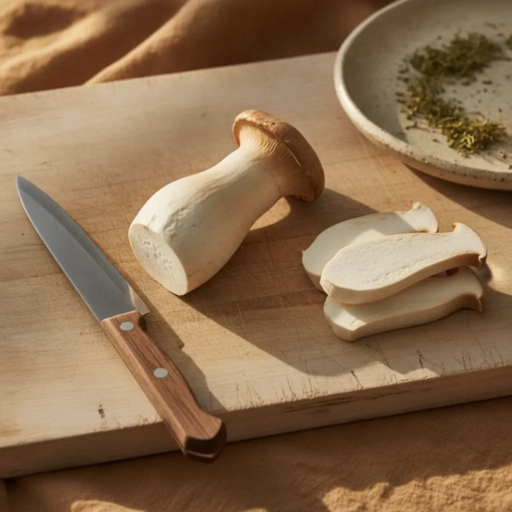 A whole king oyster mushroom being sliced lengthways into thick even strips on a pale wooden board with a chef's knife resting alongside