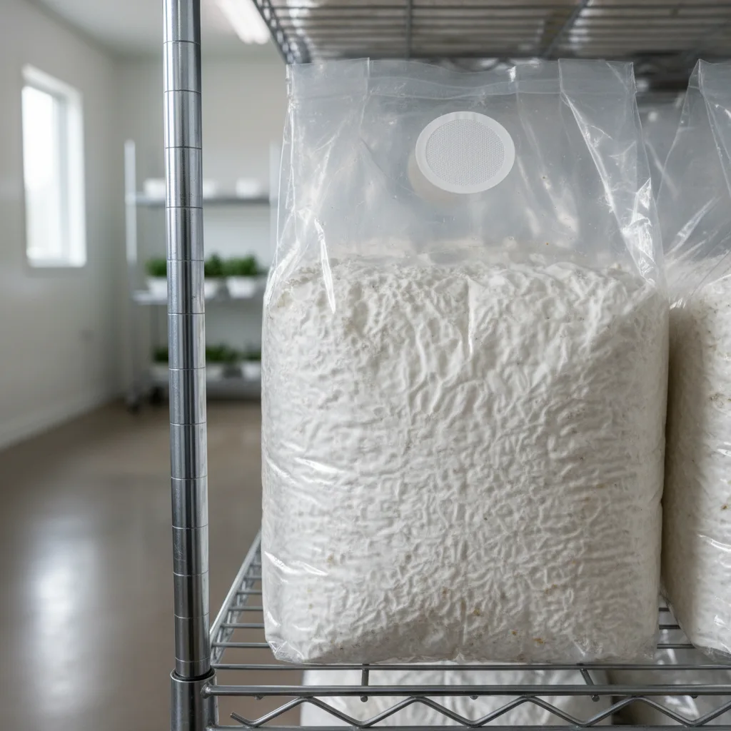 Fully colonized king oyster substrate block showing dense white mycelium through the grow bag