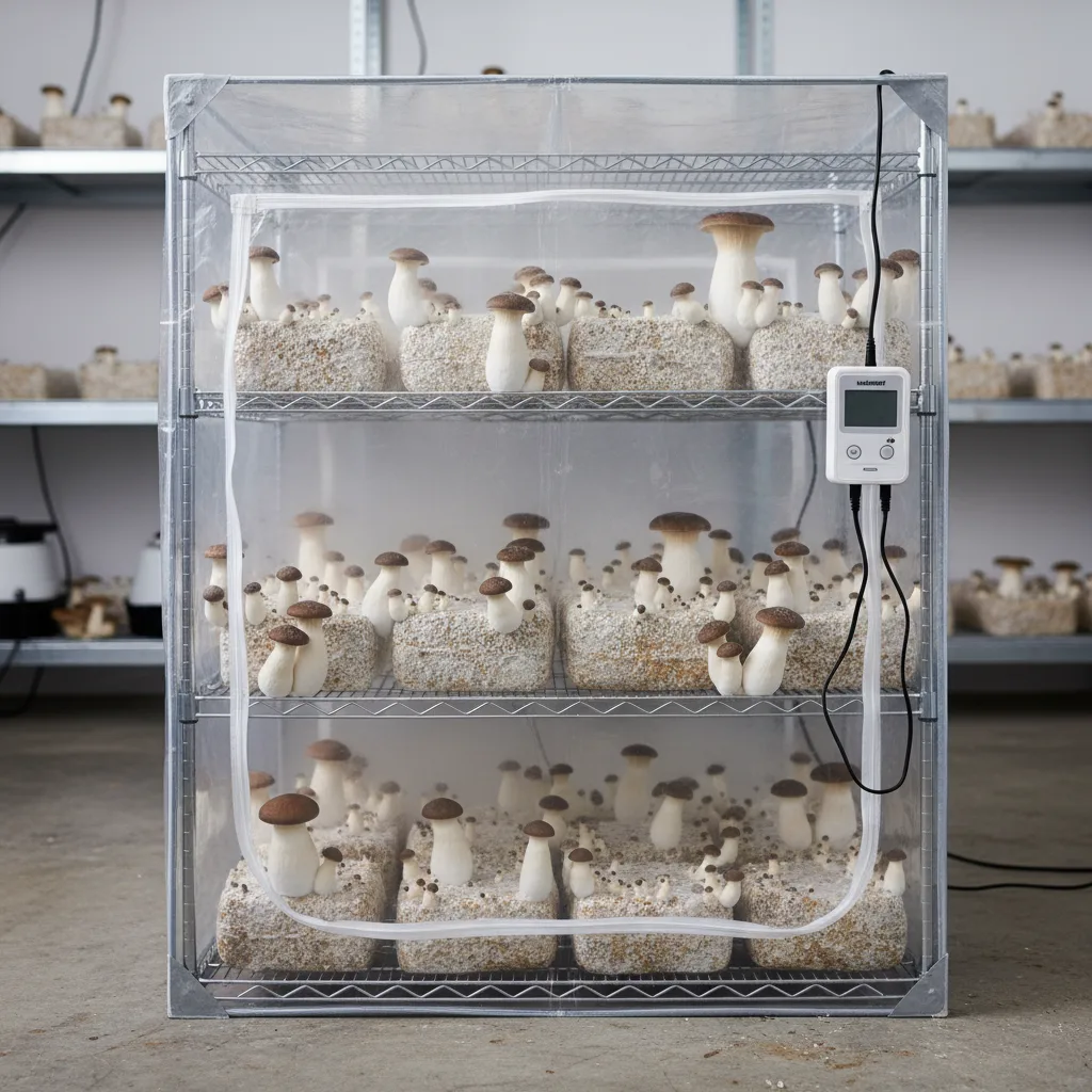 King oyster mushroom block fruiting in a Martha tent setup with humidity controller visible