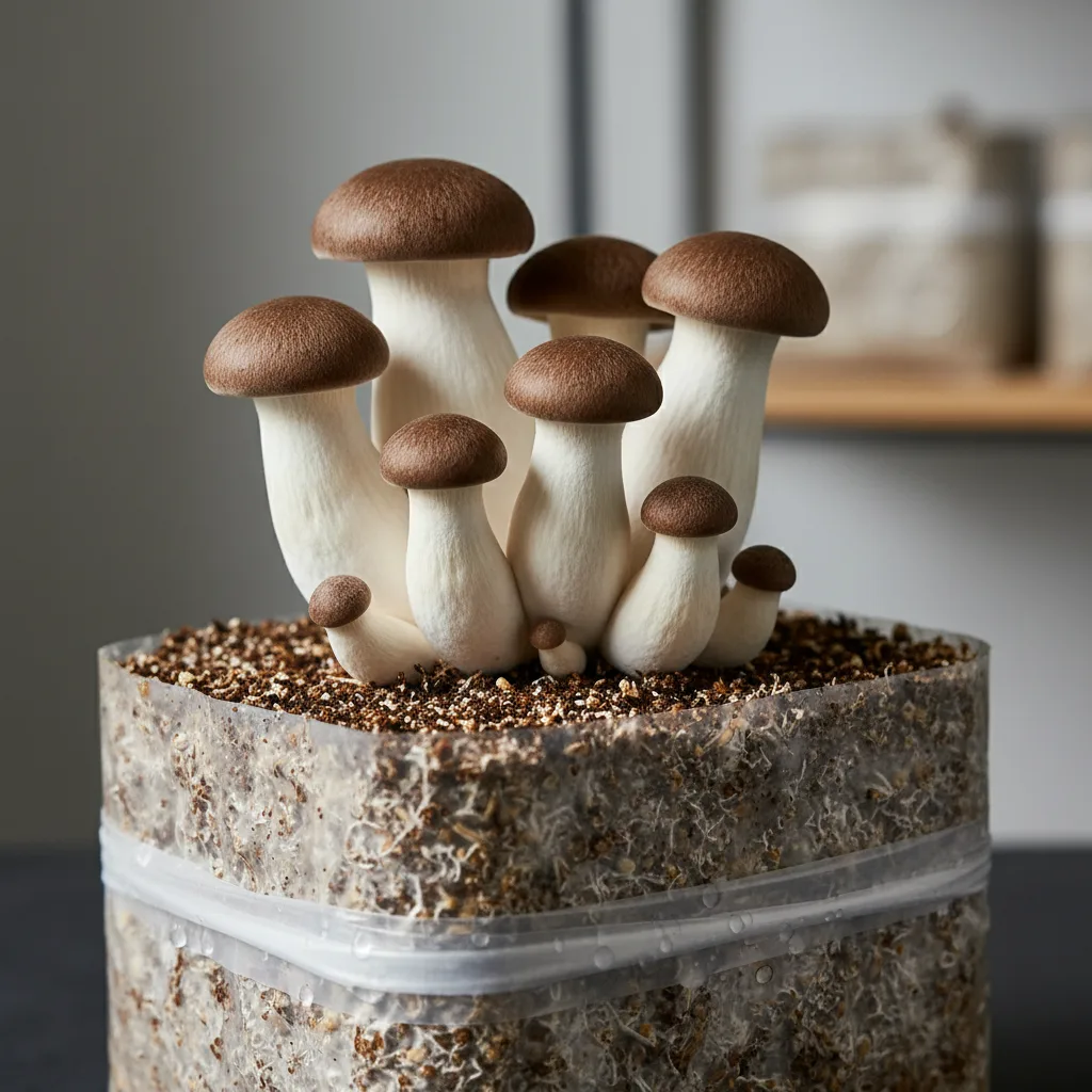 Mature king oyster mushrooms with thick white stems and small dark brown caps growing upward from a sawdust block