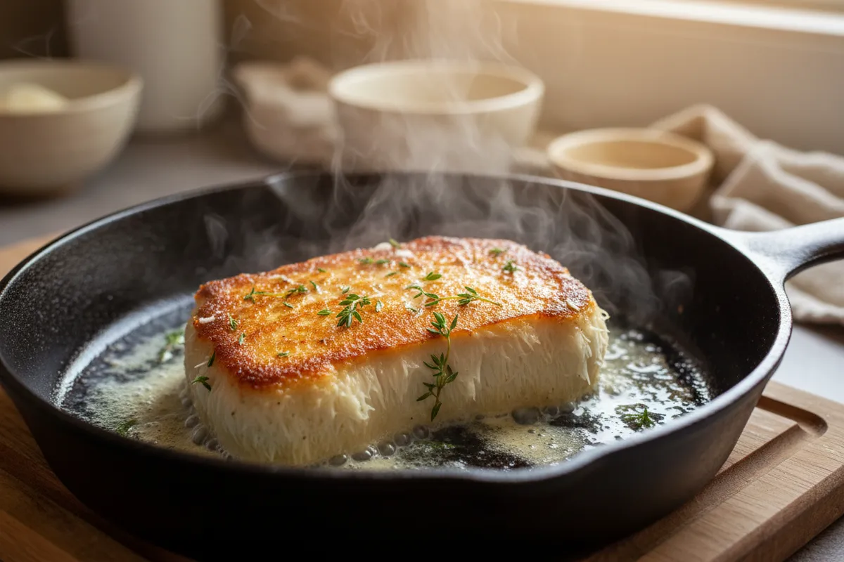 Lion's mane steak searing in a cast iron skillet with butter and thyme