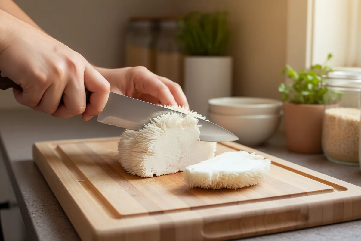 Slicing fresh lion's mane mushroom into thick steaks