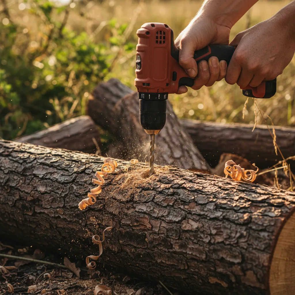 Drilling holes in a hardwood log for plug spawn inoculation
