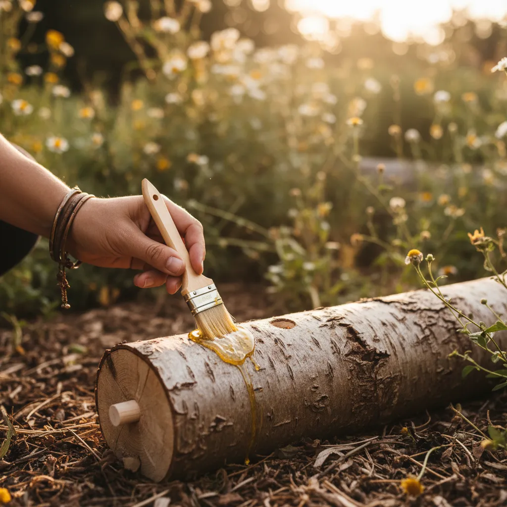 Sealing inoculation holes with melted beeswax to protect the spawn