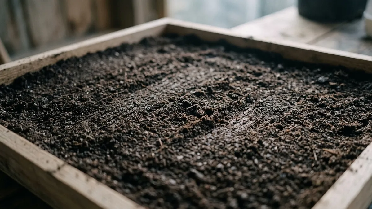 A tray of dark composted substrate raked flat on a bench