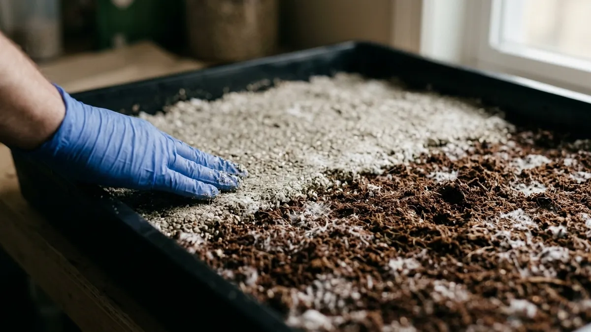 A pale casing layer being spread across dark substrate in a tray