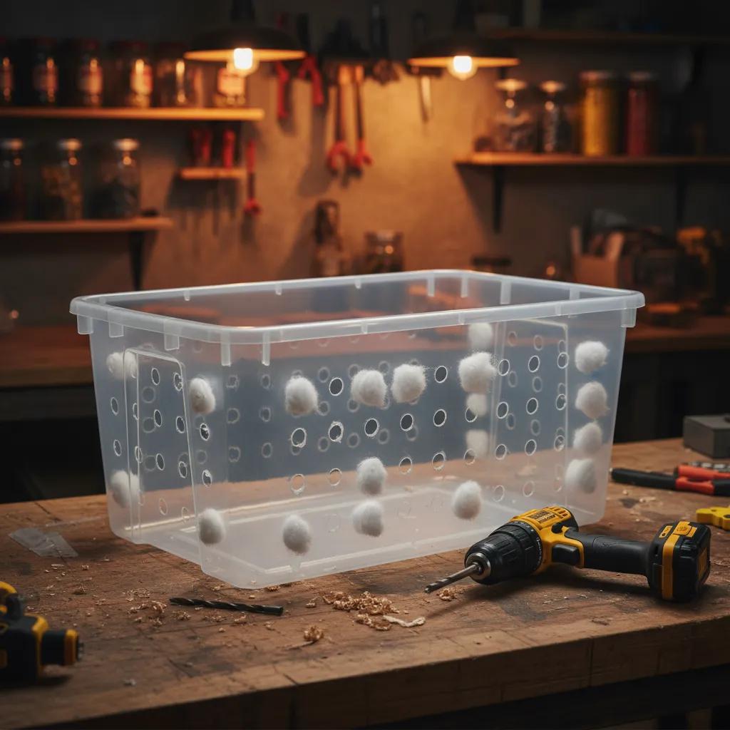 Monotub with evenly spaced holes stuffed with polyfill for air exchange