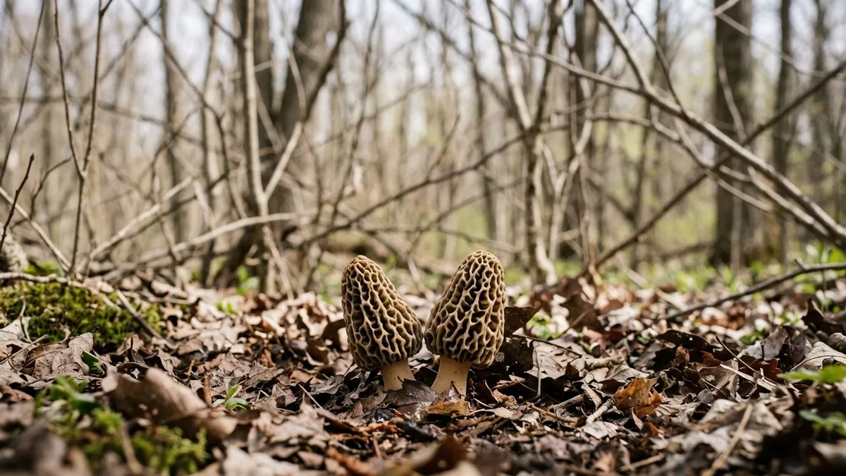 Two honeycomb-pitted morels standing in spring leaf litter beneath bare trees
