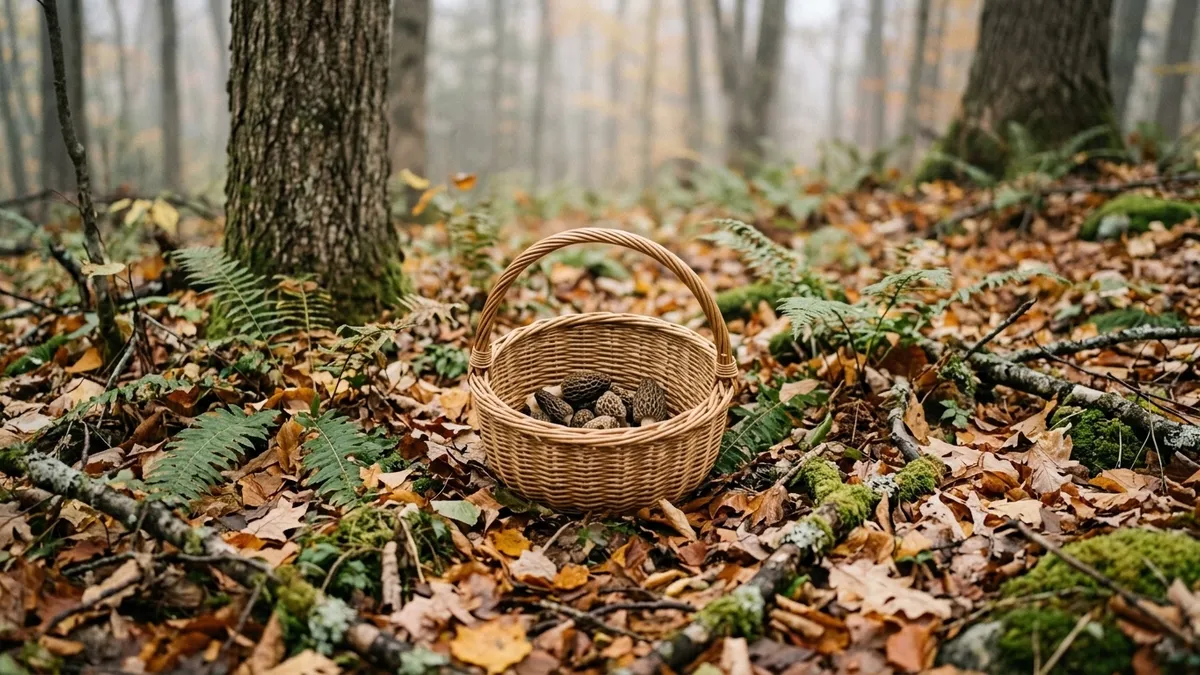A woven foraging basket holding morels on the forest floor