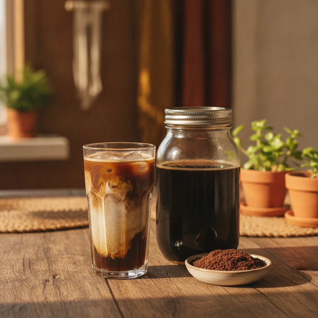 Iced mushroom coffee with cream beside a mason jar of cold brew concentrate