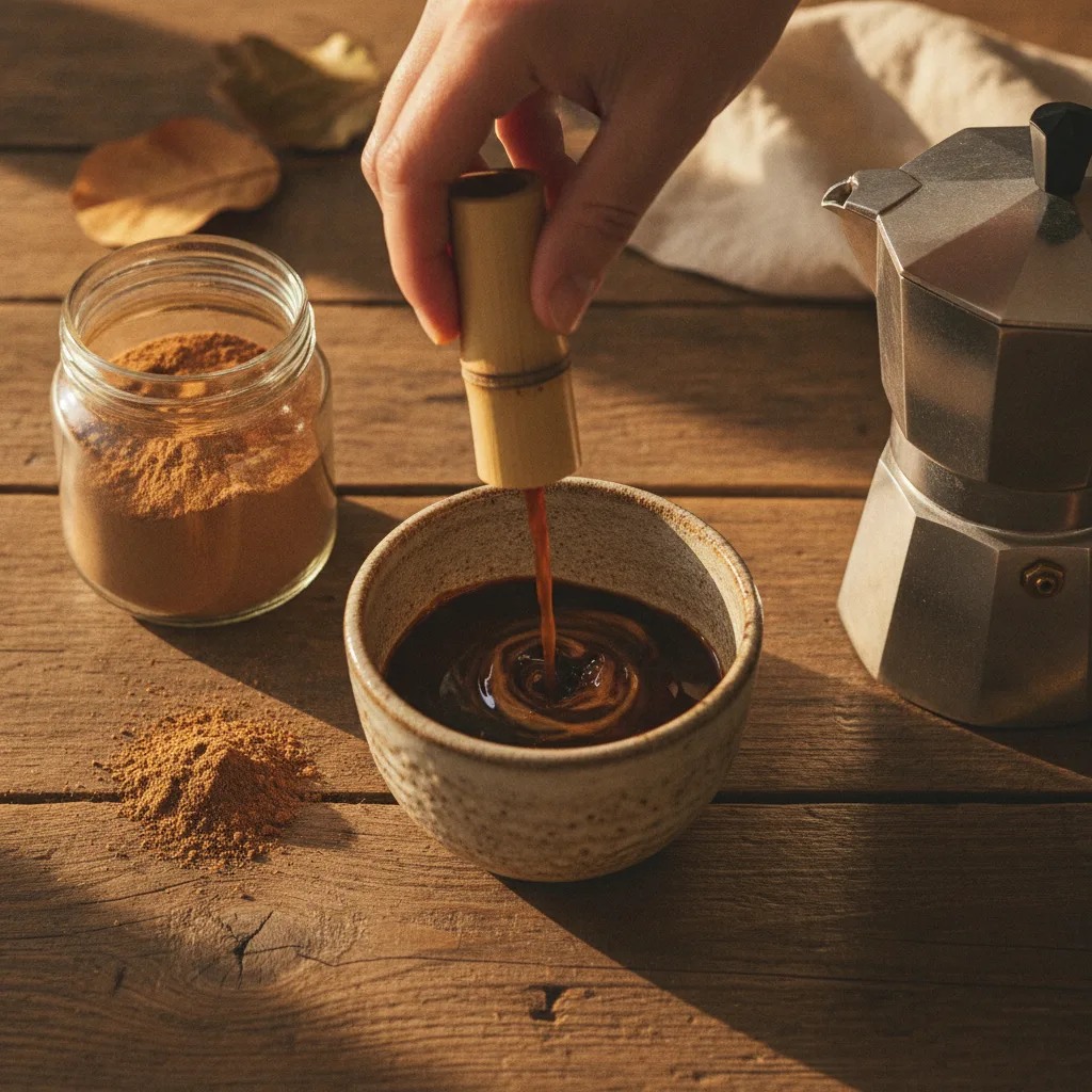Stirring mushroom powder into a paste with the first splash of coffee before topping up the mug