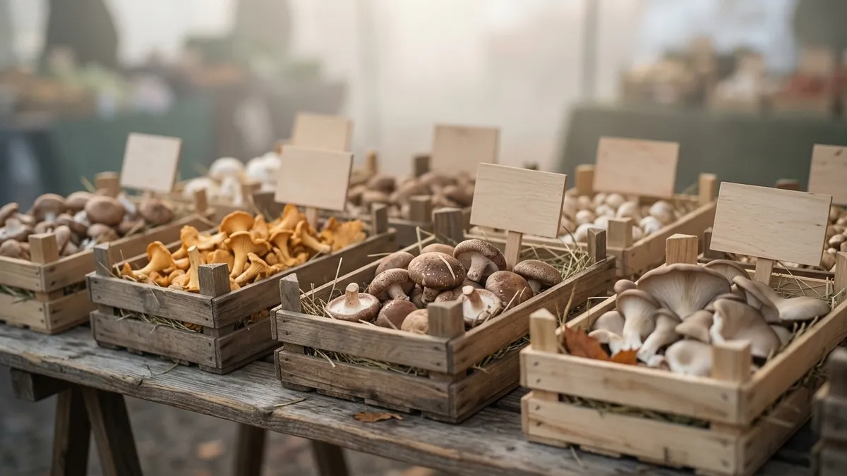 Crates of mushrooms on a market stall at dawn with blank price cards