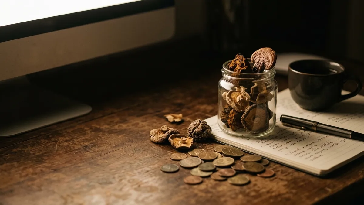 A desk at night with a notebook, coffee, dried mushrooms and scattered coins