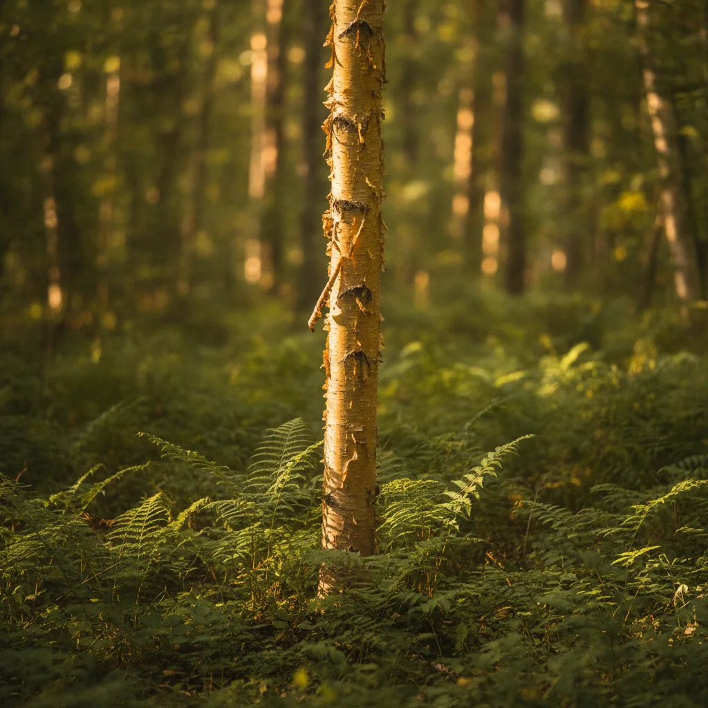 Yellow birch trunk and fern understory in New Brunswick Acadian forest habitat.