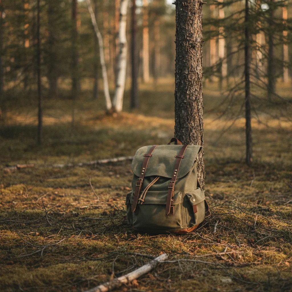 Foraging backpack leaning against a black spruce in sparse northern boreal forest.