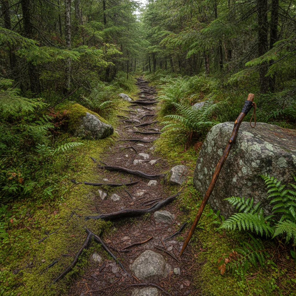 Wooden walking stick on a mossy Nova Scotia mixed forest trail.