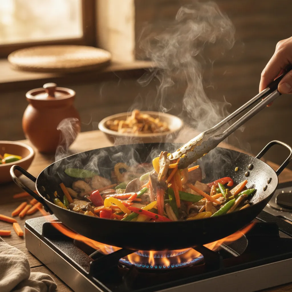 Stir-frying fresh oyster mushrooms with seasonal vegetables