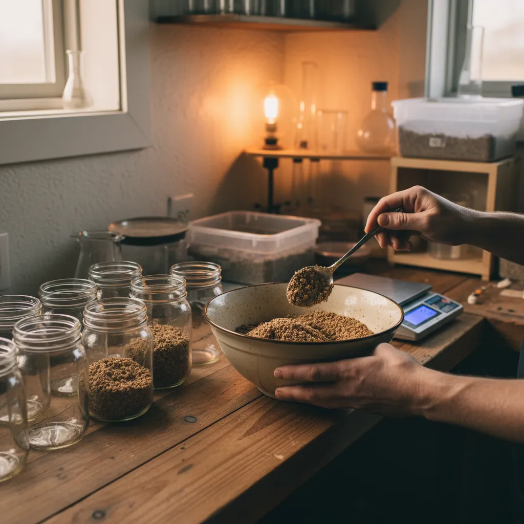 Filling half-pint jars with BRF and vermiculite mix