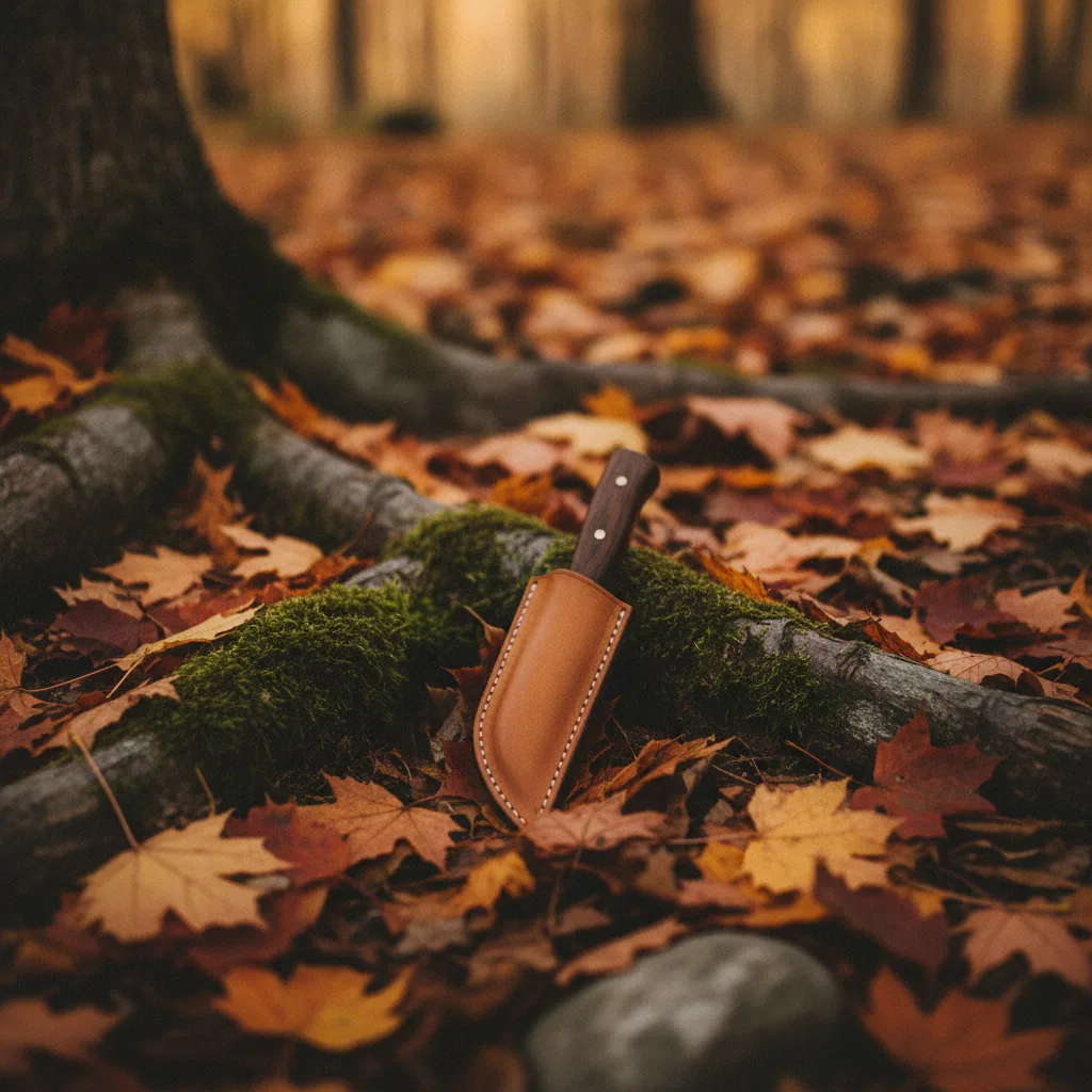 Field knife beside maple leaves and moss on a Quebec hardwood forest floor.