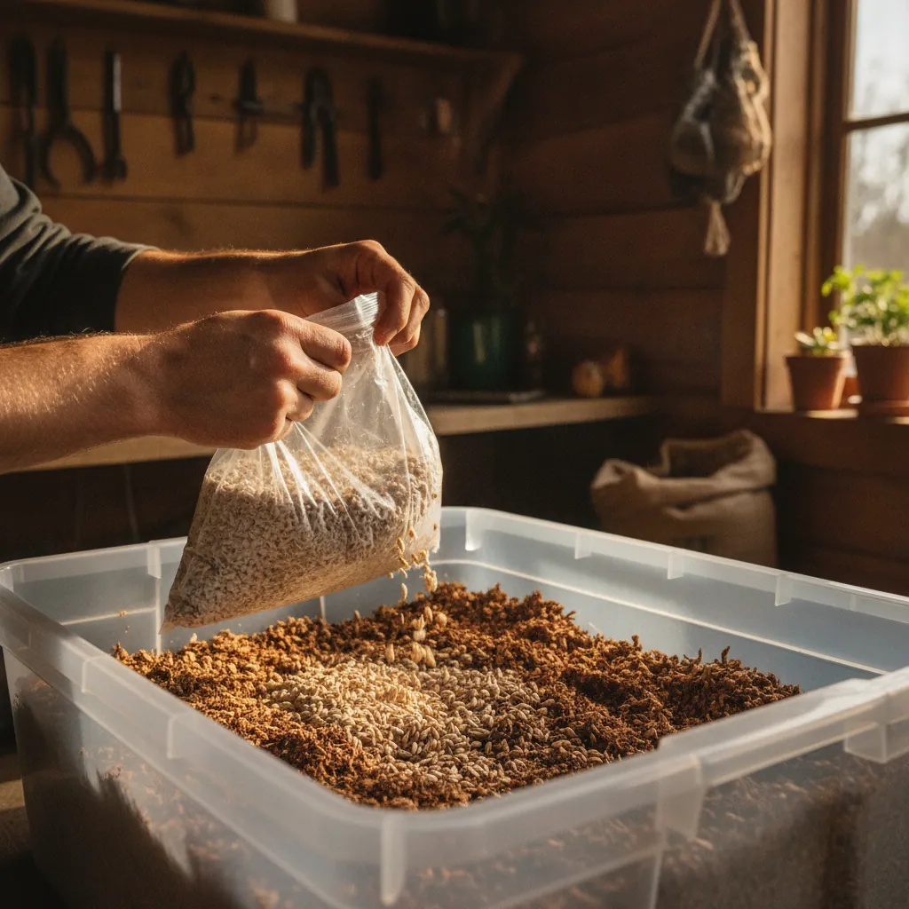 Grower mixing a 5 lb bag of rye grain spawn into hydrated hardwood sawdust substrate in a clear tub, illustrating a 10 percent spawn to substrate ratio