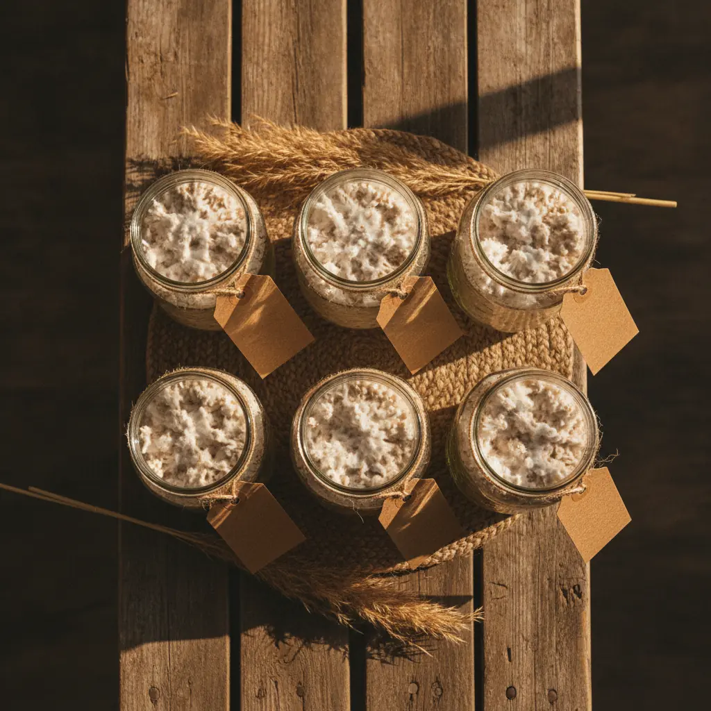 Six jars of colonized rye grain spawn with kraft paper tags arranged on a weathered wooden bench, illustrating the different spawn quantities used for each mushroom species