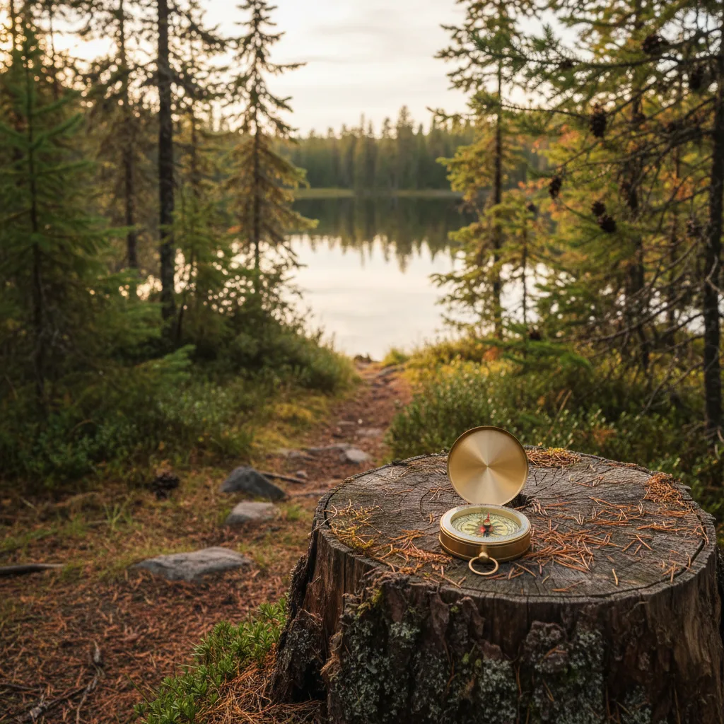 Compass on a stump beside a Saskatchewan boreal lake trail with jack pine in the background.