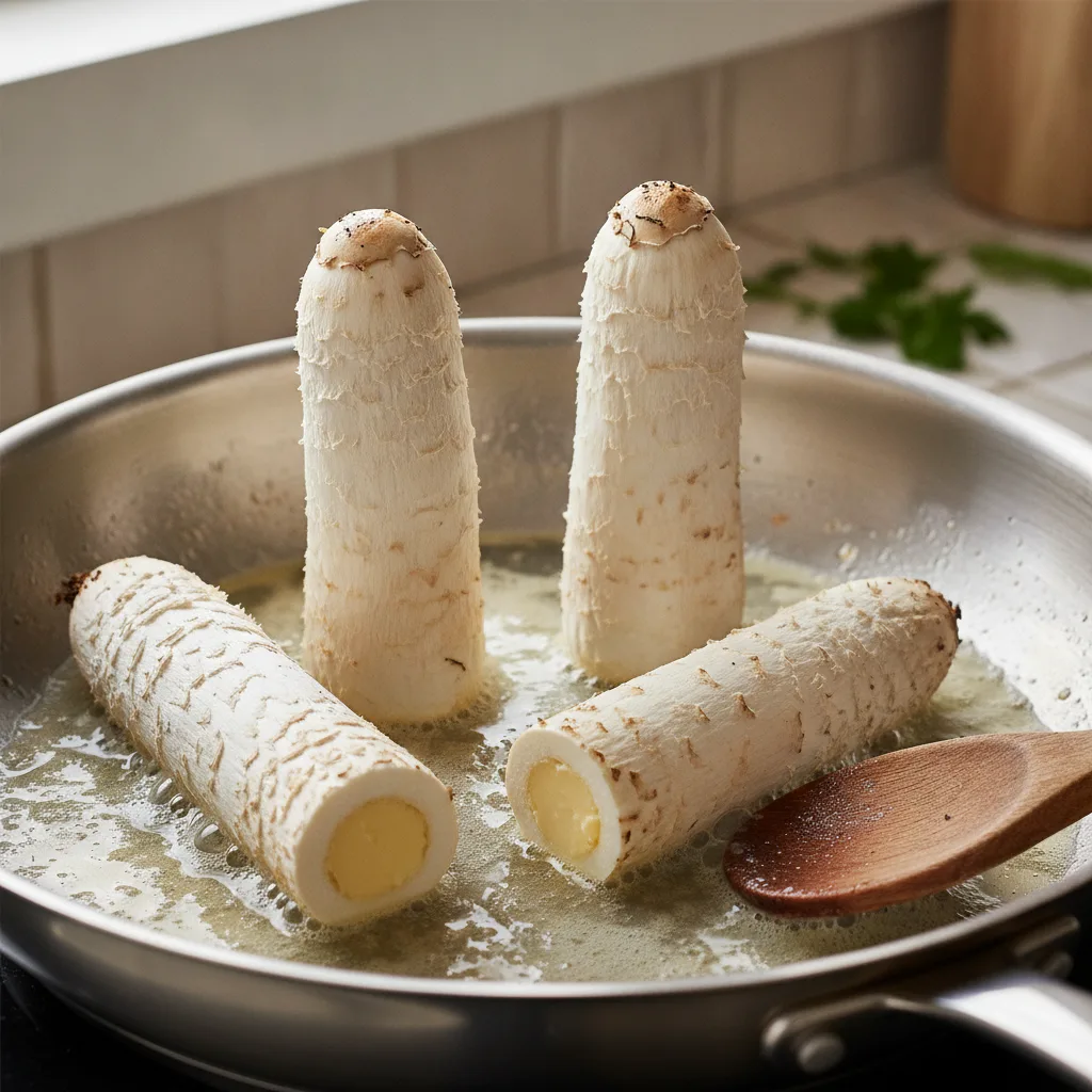 Young shaggy mane mushrooms with scaly cylindrical caps sautéing in butter in a stainless steel pan.