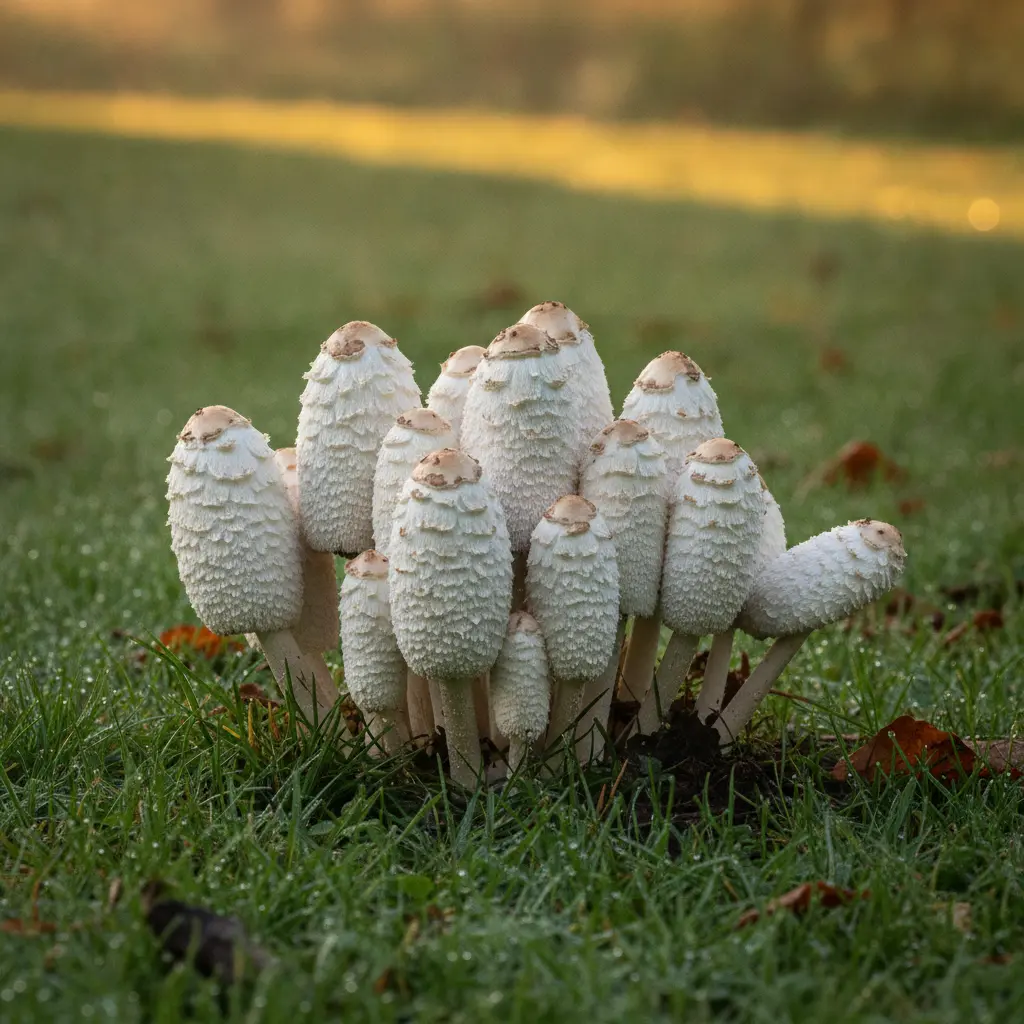 Cluster of young white shaggy mane mushrooms with shaggy upturned scales emerging at a dewy lawn edge in soft golden morning light.