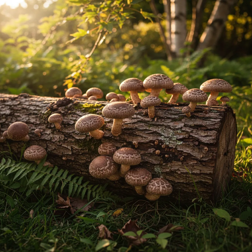 Shiitake mushrooms growing from a hardwood log in a shaded garden