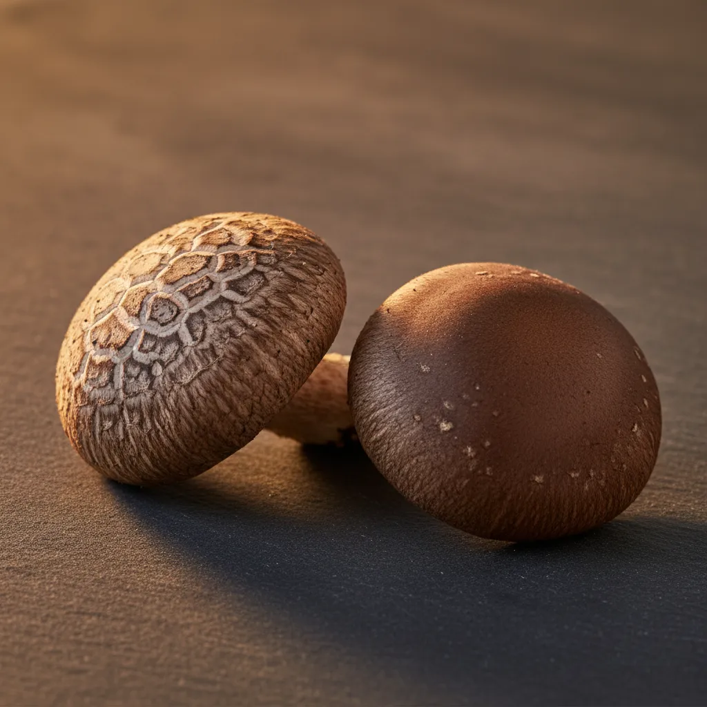 Two shiitake strains compared — cracked donko-style versus smooth caps
