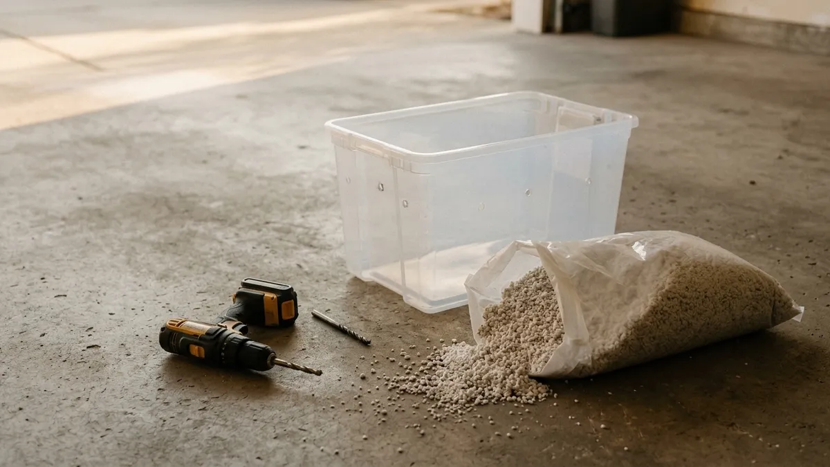 A clear plastic storage tote standing on a garage floor beside an open bag of coarse white perlite and a cordless drill, warm late-afternoon light raking across the concrete