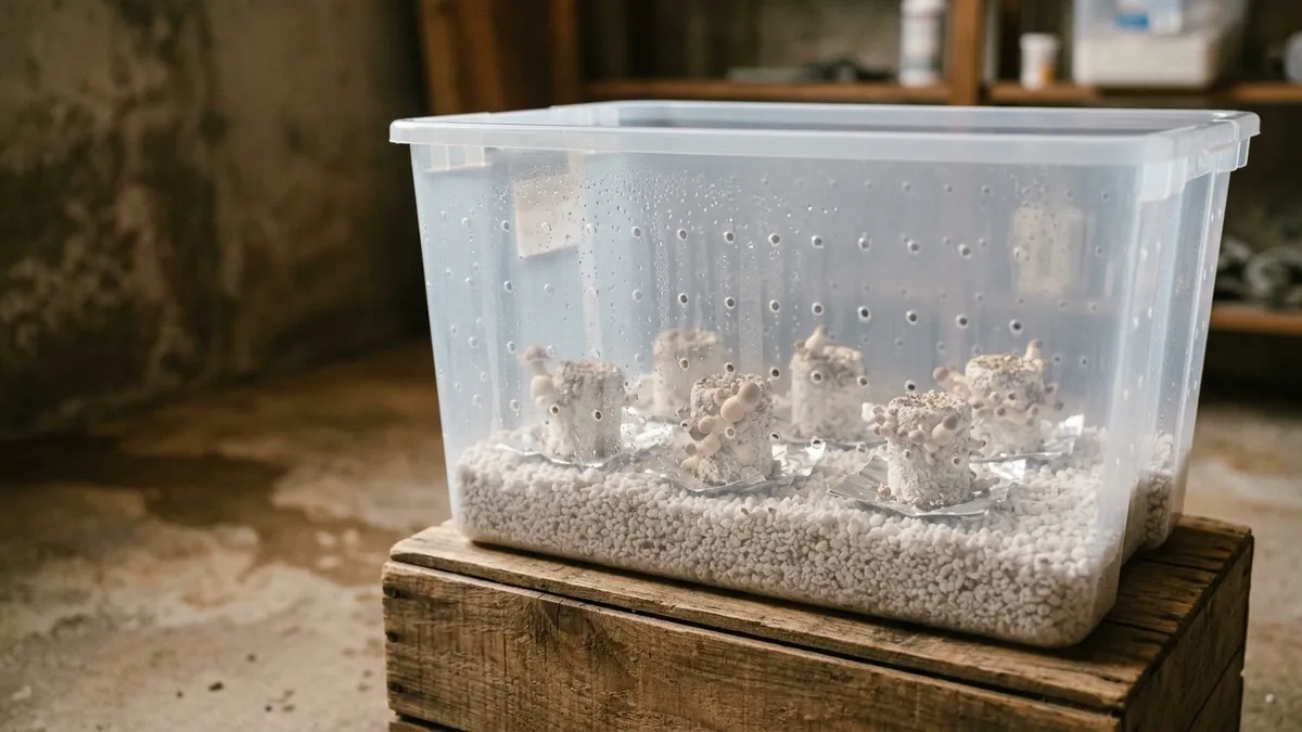 A clear storage tote drilled with a dense grid of small holes, a deep bed of wet white perlite in the base and pale mushroom cakes fruiting on foil squares above it, on a crate