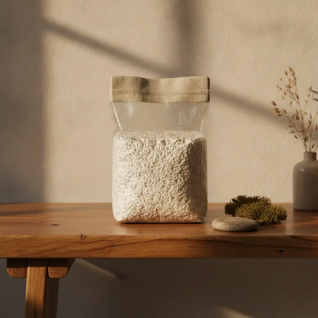 A filter-patch grow bag of fully colonised grain spawn on a stainless bench, the grain bound into a solid white block of mycelium