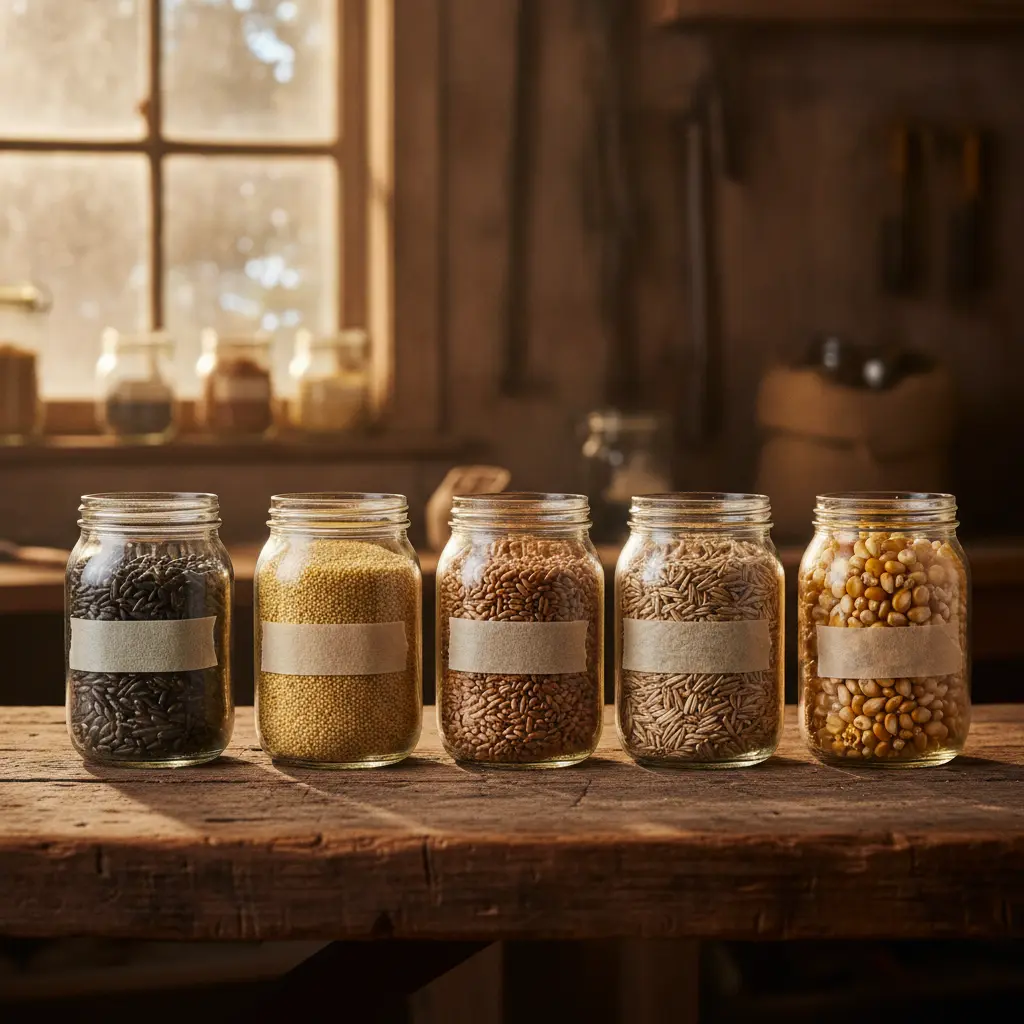 Five mason jars of cooked grain on a farm workbench: rye, millet, wheat, oats and popcorn, showing the difference in kernel size and colour between spawn grains