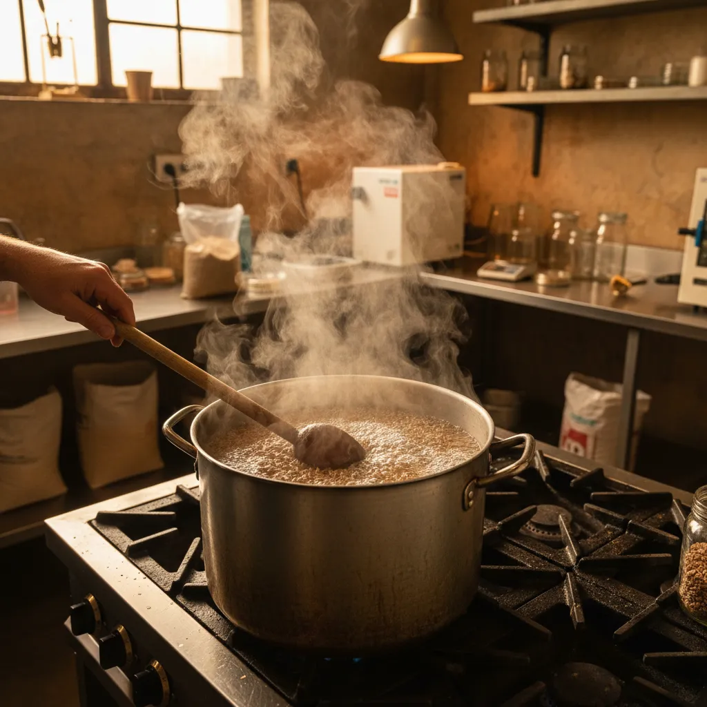 Grain simmering on the stove — the first step in spawn preparation