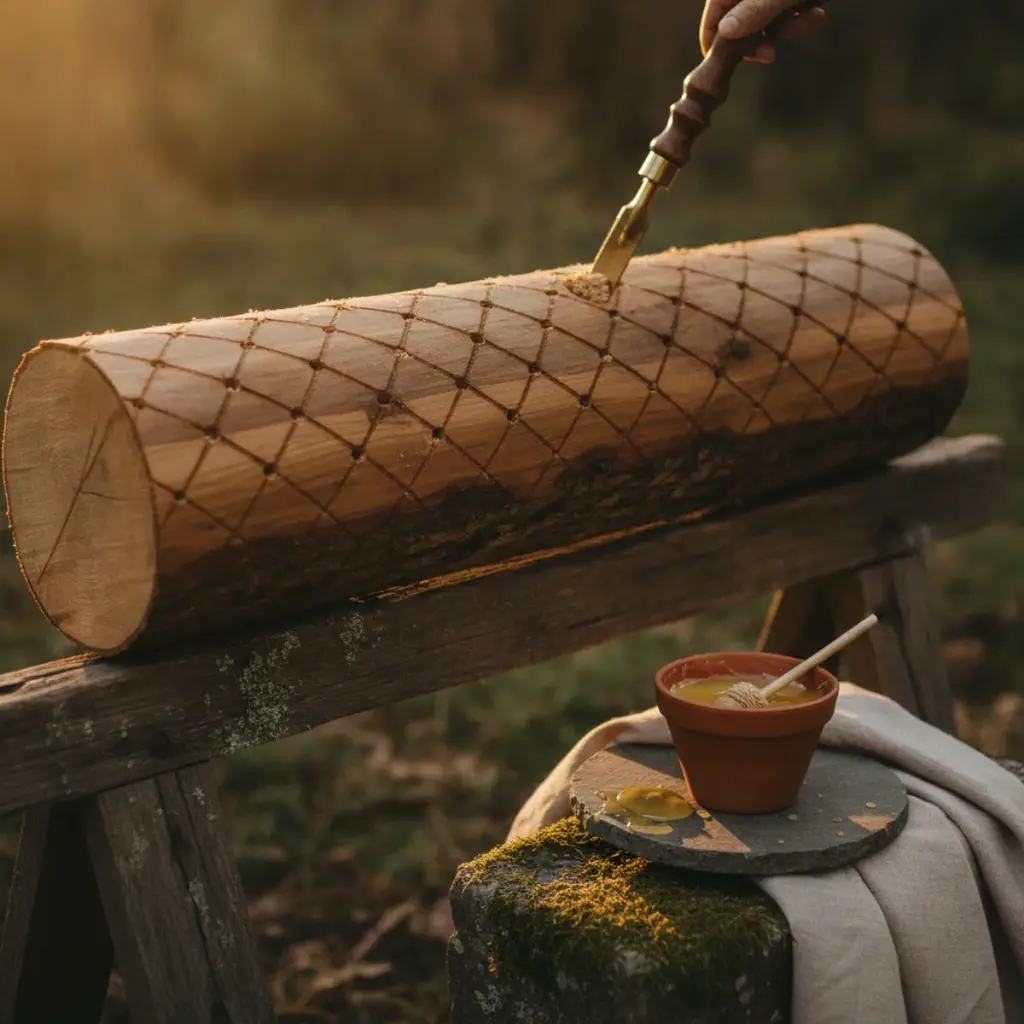 A freshly cut hardwood log on sawhorses with a diamond pattern of drilled holes, sawdust spawn being pressed into one hole with a brass inoculation tool, wax and dauber waiting beside it