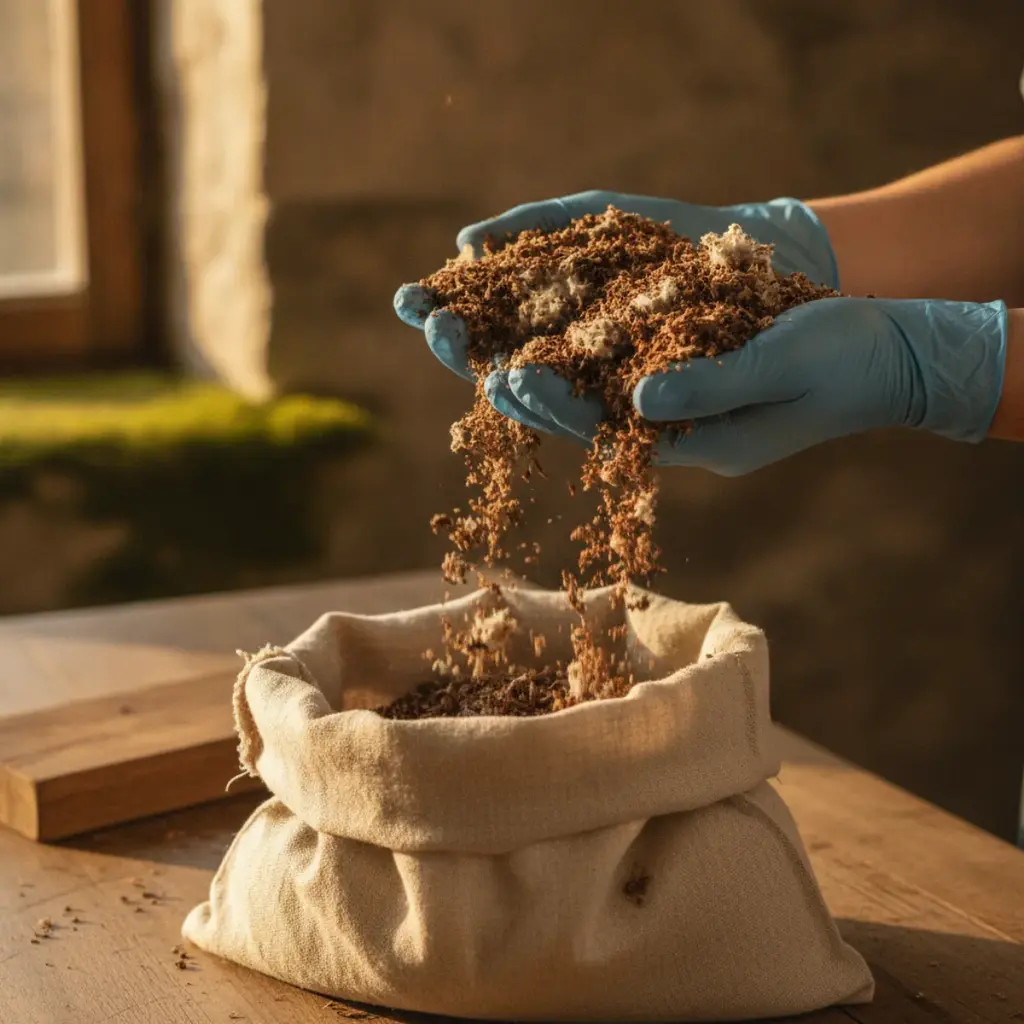 A double handful of moist hardwood sawdust spawn laced with white mycelium, cupped over an open bag and crumbling between gloved fingers
