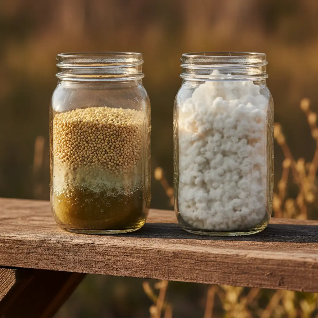 Two jars of millet grain spawn side by side: one with a wet, greyish bacterial patch at the base, the other fully colonised with clean white mycelium