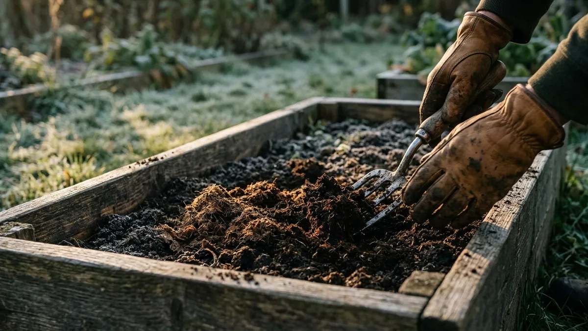 Gloved hands forking crumbled spent mushroom substrate into a raised garden bed on a cold autumn morning, low golden sunlight across the soil with frost still on the grass behind