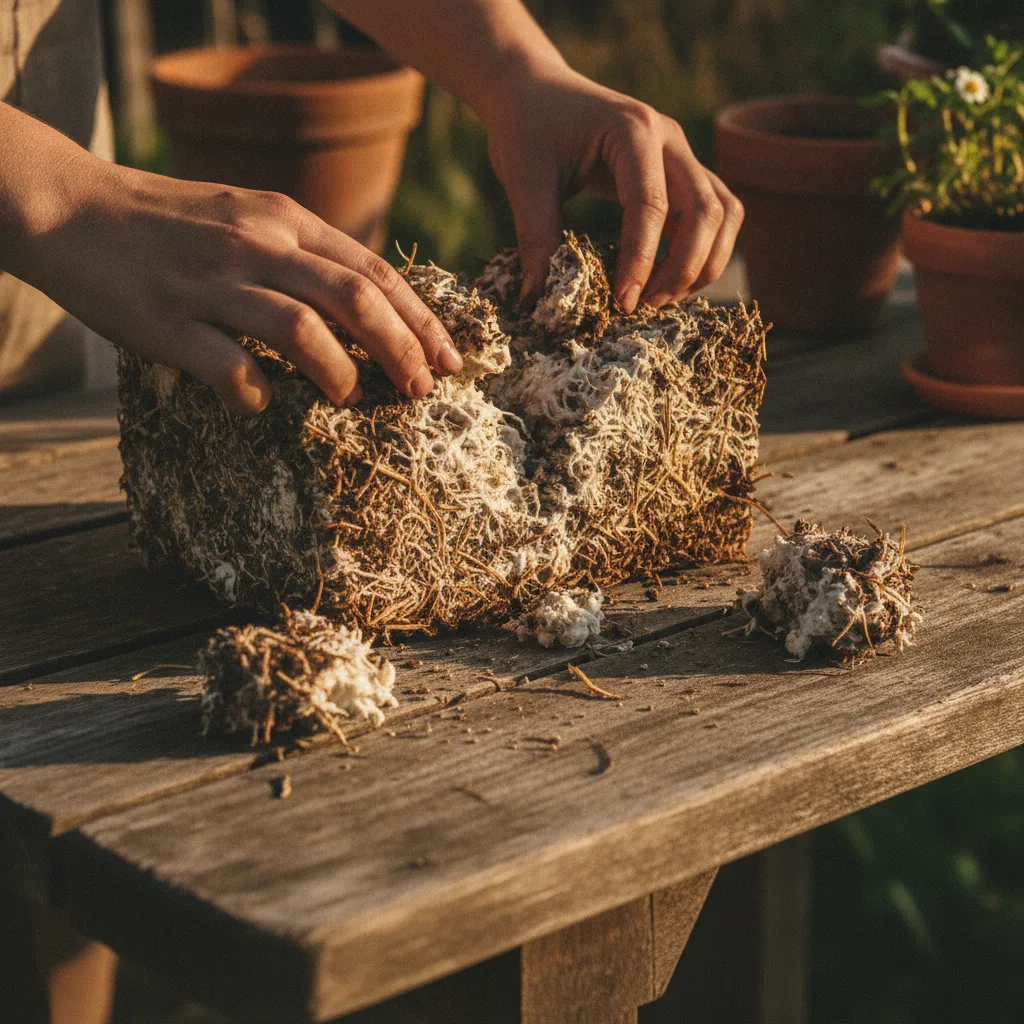 Crumbled spent mushroom substrate blocks showing white mycelium threads through dark sawdust, broken into chunks on a garden table