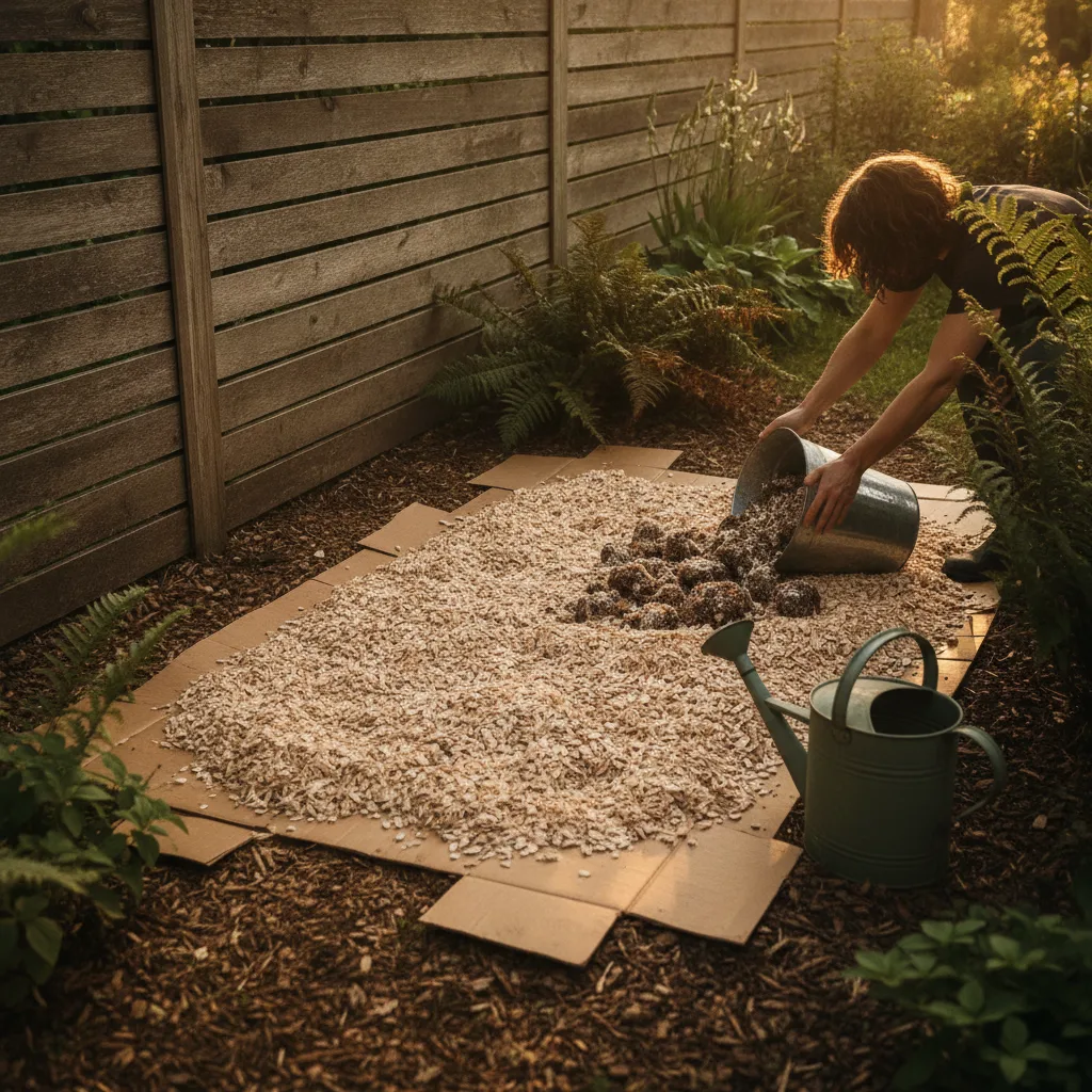 Layered outdoor mushroom bed under construction with cardboard, fresh hardwood chips, and crumbled spent substrate beside a garden fence