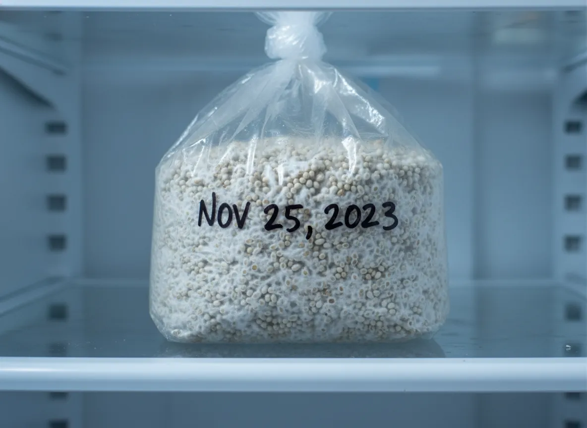 Dated grain spawn bag in cold storage — proper storage extends viability