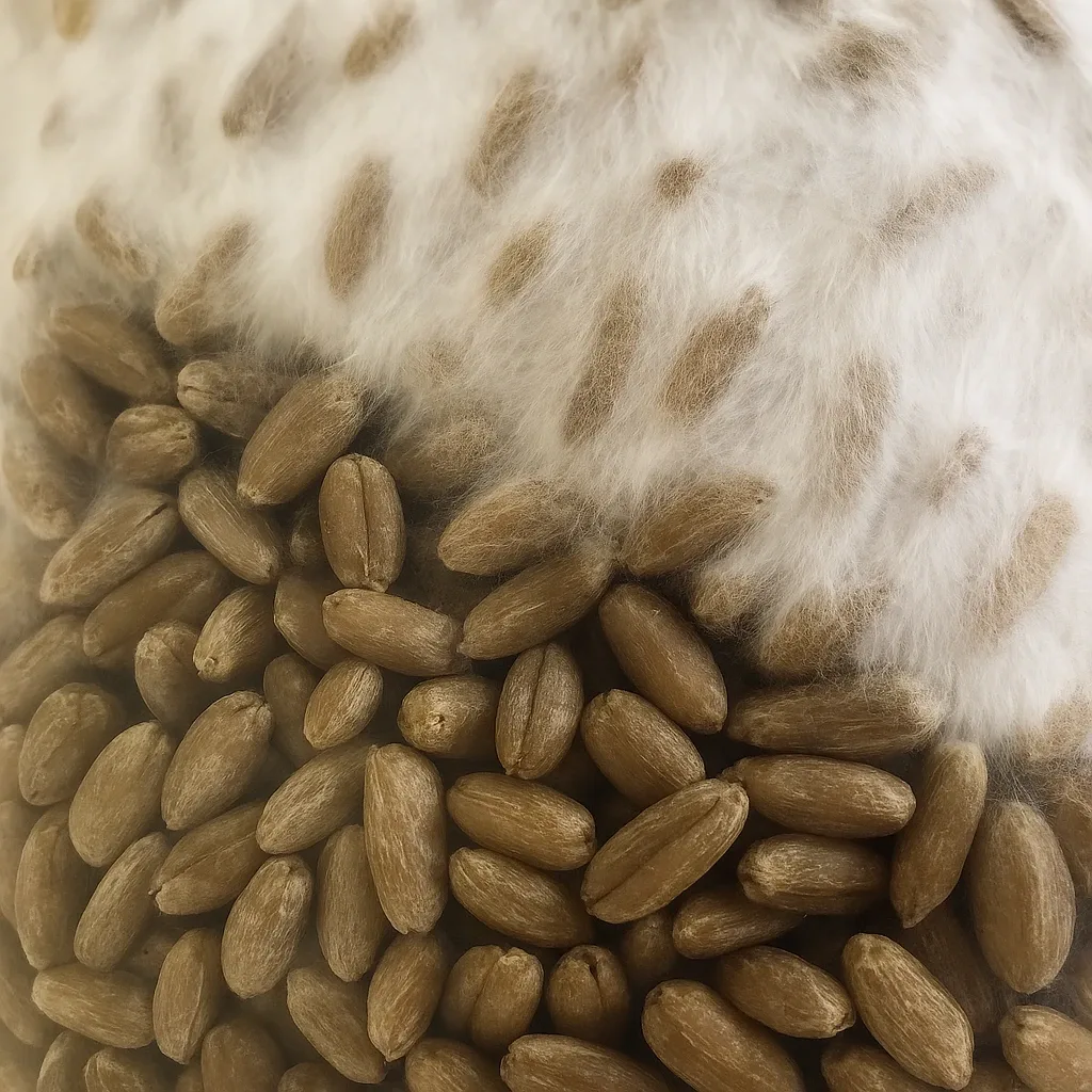 Mycelium colonizing grain — healthy white mycelial growth covering grain berries